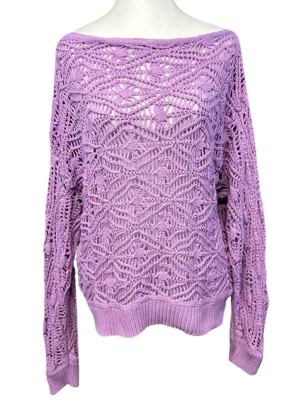 Elan Anthropologie L Crochet Open Knit Sweater Purple Asymmetrical Boho Grunge